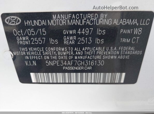 5NPE34AF7GH316130 2016 HYUNDAI SONATA White Вид підкапотного простору