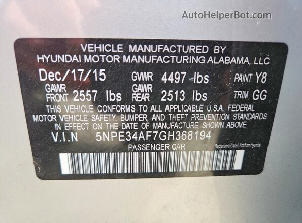 5NPE34AF7GH368194 2016 HYUNDAI SONATA Silver ძრავის განყოფილების ხედი