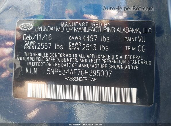 5NPE34AF7GH395007 2016 HYUNDAI SONATA Blue Շարժիչի բաժամունքի տեսք