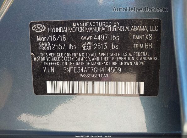 5NPE34AF7GH414509 2016 HYUNDAI SONATA Blue Вид підкапотного простору