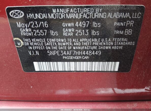 5NPE34AF7HH448449 2017 HYUNDAI SONATA Red ძრავის განყოფილების ხედი