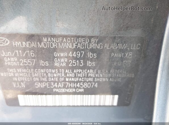5NPE34AF7HH458074 2017 HYUNDAI SONATA Blue Vista del compartimento del motor