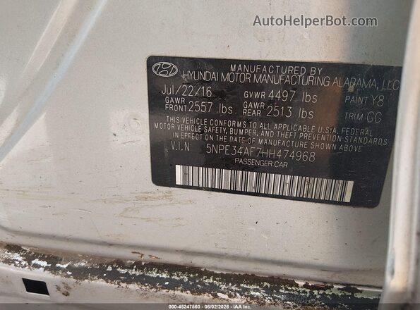 5NPE34AF7HH474968 2017 HYUNDAI SONATA Silver Vista del compartimento del motor