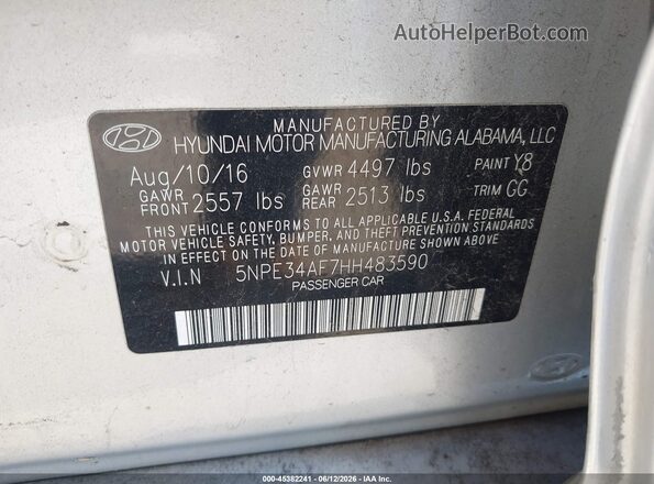 5NPE34AF7HH483590 2017 HYUNDAI SONATA Silver Вид підкапотного простору