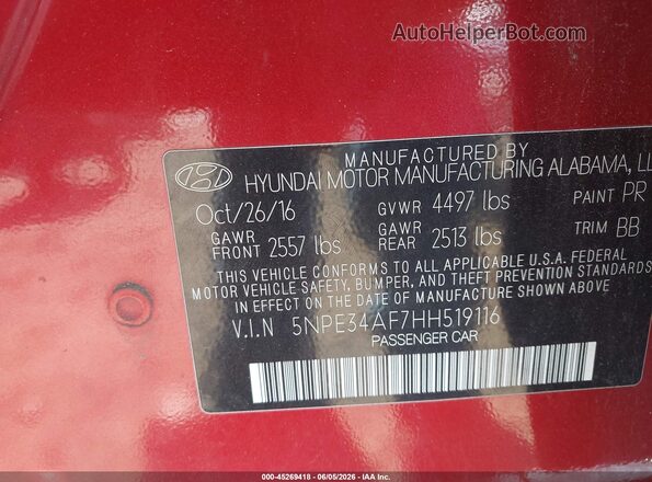 5NPE34AF7HH519116 2017 HYUNDAI SONATA Red ძრავის განყოფილების ხედი