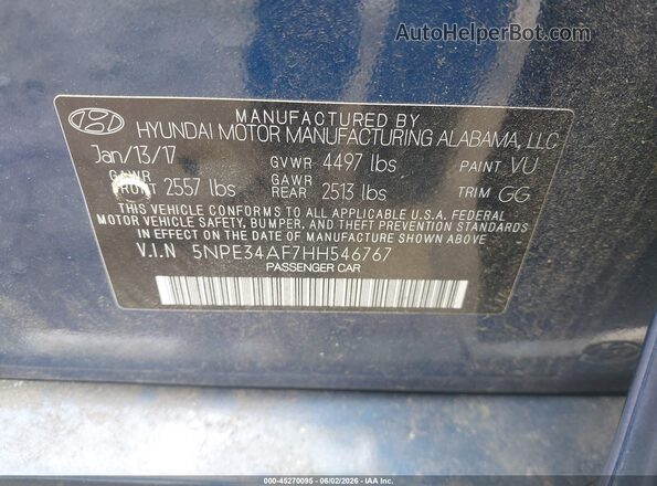 5NPE34AF7HH546767 2017 HYUNDAI SONATA Blue Շարժիչի բաժամունքի տեսք