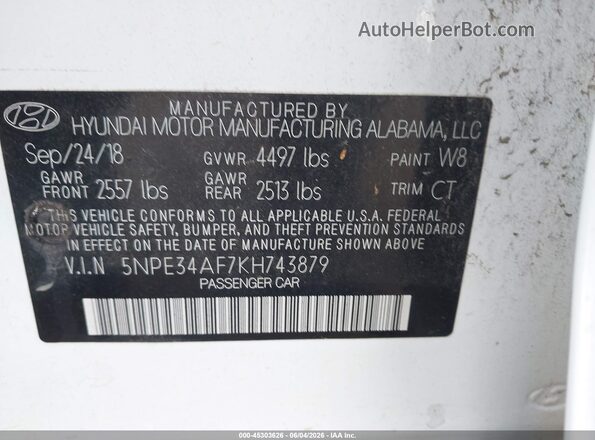 5NPE34AF7KH743879 2019 HYUNDAI SONATA Белый Вид подкапотного пространства