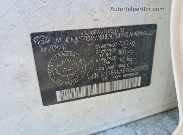 5NPE34AF7KH803921 2019 HYUNDAI SONATA White Engine compartment view