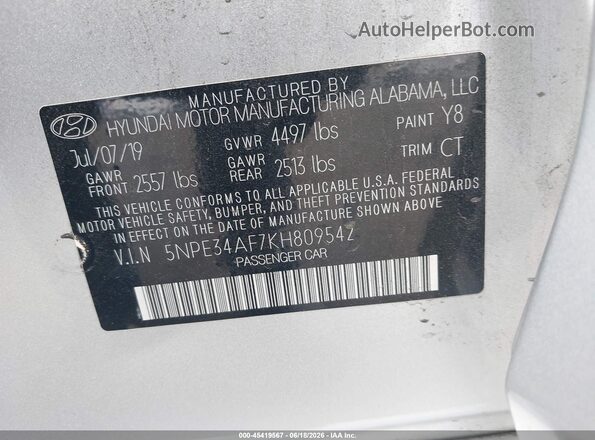 5NPE34AF7KH809542 2019 HYUNDAI SONATA Silver Вид підкапотного простору