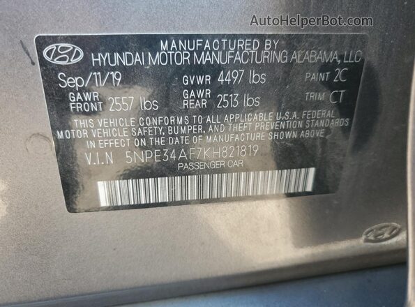 5NPE34AF7KH821819 2019 HYUNDAI SONATA Gray ძრავის განყოფილების ხედი