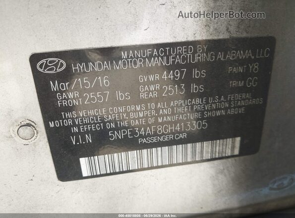 5NPE34AF8GH413305 2016 HYUNDAI SONATA Silver Вид підкапотного простору