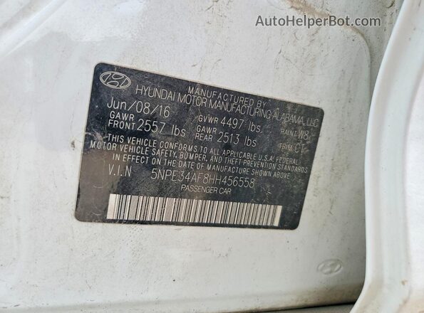 5NPE34AF8HH456558 2017 HYUNDAI SONATA White VIN კოდის სტიკერის ხედი