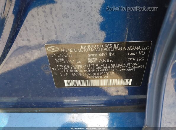 5NPE34AF8HH520159 2017 HYUNDAI SONATA Blue Շարժիչի բաժամունքի տեսք