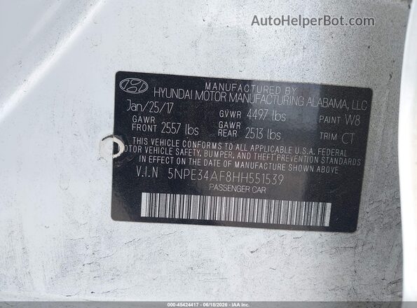 5NPE34AF8HH551539 2017 HYUNDAI SONATA White Vista del compartimento del motor