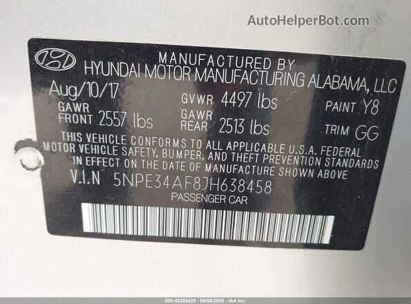 5NPE34AF8JH638458 2018 HYUNDAI SONATA SEL Silver Вид підкапотного простору