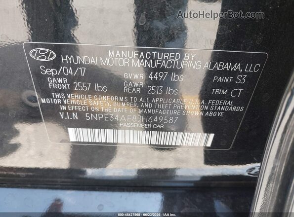 5NPE34AF8JH649587 2018 HYUNDAI SONATA Black Вид підкапотного простору