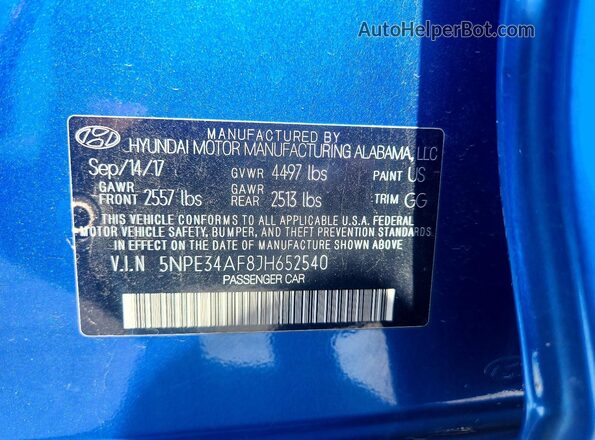 5NPE34AF8JH652540 2018 HYUNDAI SONATA Blue 