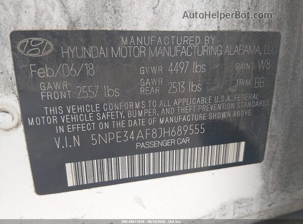 5NPE34AF8JH689555 2018 HYUNDAI SONATA White Вид підкапотного простору