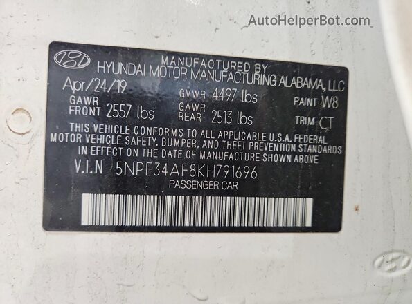 5NPE34AF8KH791696 2019 HYUNDAI SONATA White 