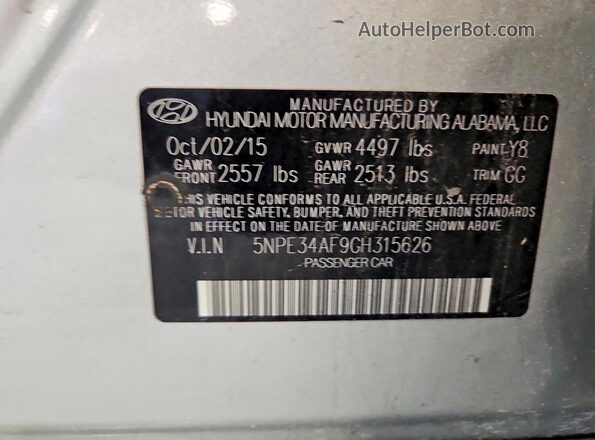 5NPE34AF9GH315626 2016 HYUNDAI SONATA Silver Engine compartment view