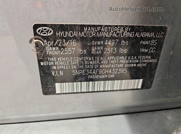 5NPE34AF9GH432395 2016 HYUNDAI SONATA Silver ძრავის განყოფილების ხედი