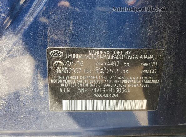 5NPE34AF9HH438344 2017 HYUNDAI SONATA Blue Вид підкапотного простору