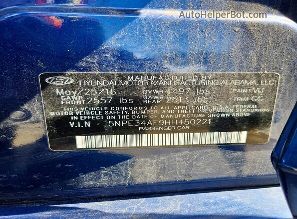 5NPE34AF9HH450221 2017 HYUNDAI SONATA Blue Вид підкапотного простору