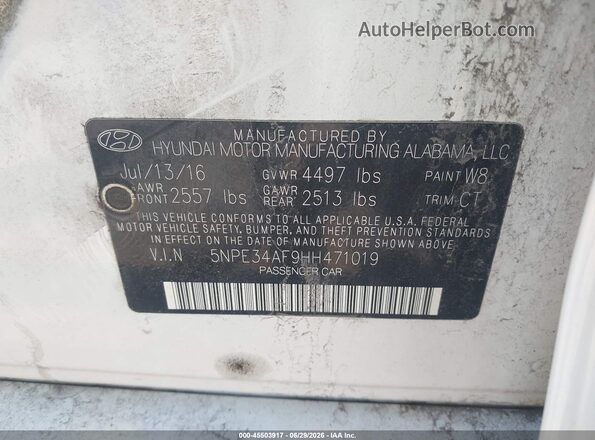 5NPE34AF9HH471019 2017 HYUNDAI SONATA White ძრავის განყოფილების ხედი