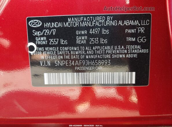 5NPE34AF9JH658993 2018 HYUNDAI SONATA Red Widok komory silnika