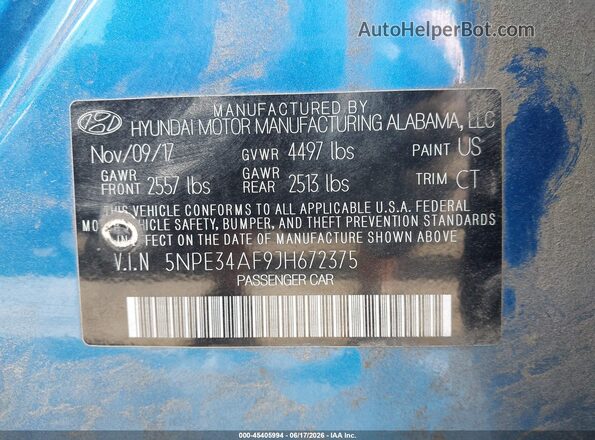 5NPE34AF9JH672375 2018 HYUNDAI SONATA Синий Вид подкапотного пространства