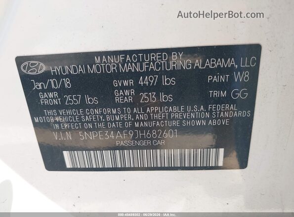5NPE34AF9JH682601 2018 HYUNDAI SONATA Белый Вид подкапотного пространства