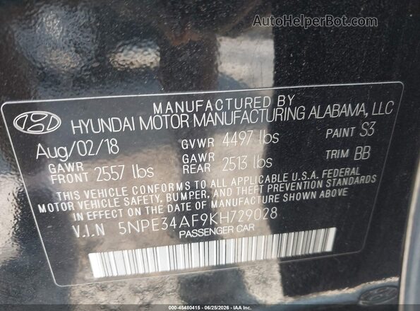 5NPE34AF9KH729028 2019 HYUNDAI SONATA Black ძრავის განყოფილების ხედი