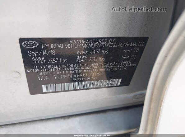 5NPE34AF9KH741194 2019 HYUNDAI SONATA Gray Շարժիչի բաժամունքի տեսք