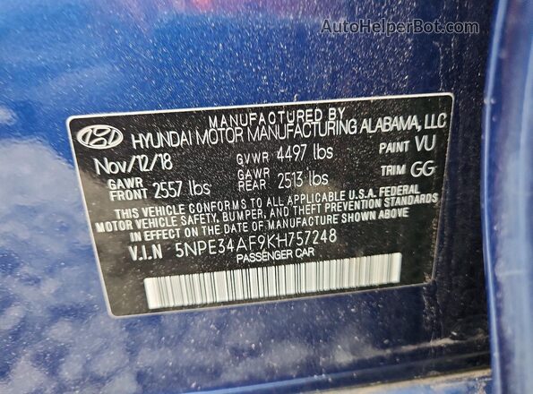 5NPE34AF9KH757248 2019 HYUNDAI SONATA Blue Engine compartment view