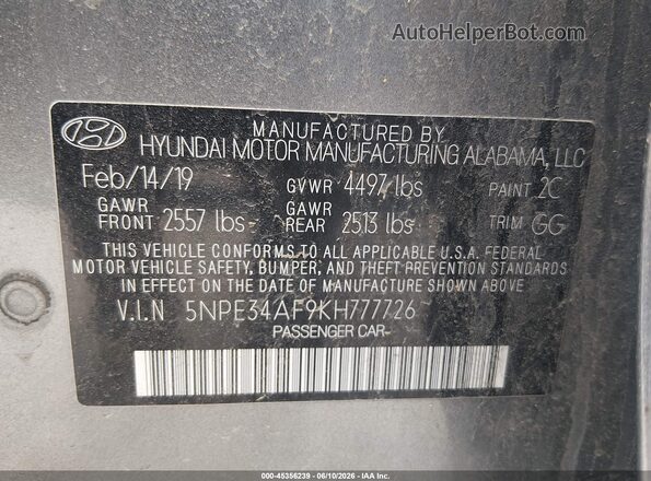 5NPE34AF9KH777726 2019 HYUNDAI SONATA Gray 