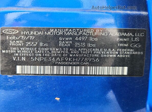 5NPE34AF9KH778956 2019 HYUNDAI SONATA Blue VIN კოდის სტიკერის ხედი