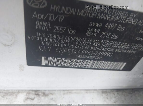 5NPE34AF9KH789990 2019 HYUNDAI SONATA White Widok komory silnika