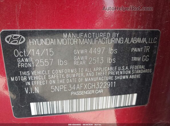 5NPE34AFXGH322911 2016 HYUNDAI SONATA Red Вид підкапотного простору