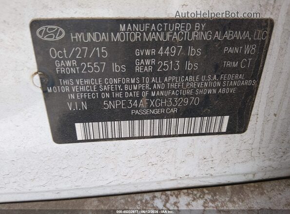 5NPE34AFXGH332970 2016 HYUNDAI SONATA Белый Вид подкапотного пространства
