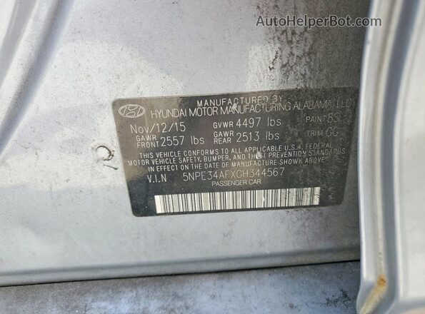 5NPE34AFXGH344567 2016 HYUNDAI SONATA Silver 