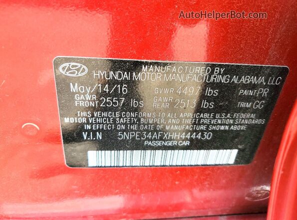 5NPE34AFXHH444430 2017 HYUNDAI SONATA Red Вид підкапотного простору