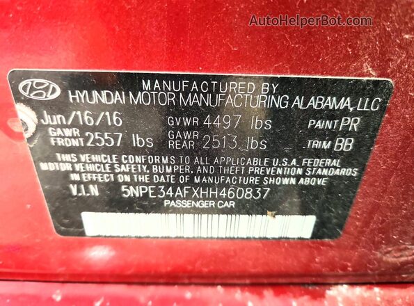 5NPE34AFXHH460837 2017 HYUNDAI SONATA Red Engine compartment view