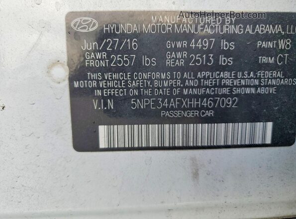 5NPE34AFXHH467092 2017 HYUNDAI SONATA White 