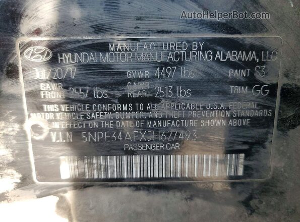 5NPE34AFXJH627493 2018 HYUNDAI SONATA Black VIN კოდის სტიკერის ხედი