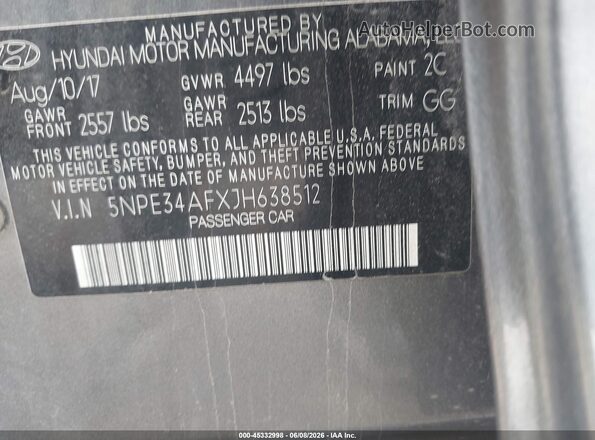 5NPE34AFXJH638512 2018 HYUNDAI SONATA Gray Engine compartment view