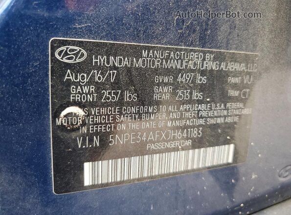 5NPE34AFXJH641183 2018 HYUNDAI SONATA Blue ძრავის განყოფილების ხედი