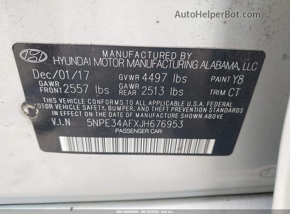5NPE34AFXJH676953 2018 HYUNDAI SONATA Silver Vista del compartimento del motor