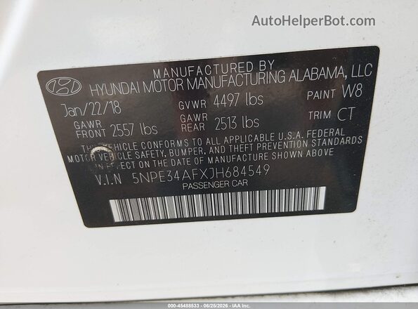 5NPE34AFXJH684549 2018 HYUNDAI SONATA White Engine compartment view