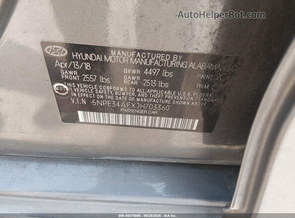 5NPE34AFXJH703360 2018 HYUNDAI SONATA Gray Engine compartment view