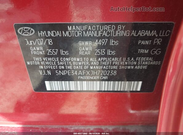 5NPE34AFXJH720238 2018 HYUNDAI SONATA Red Engine compartment view